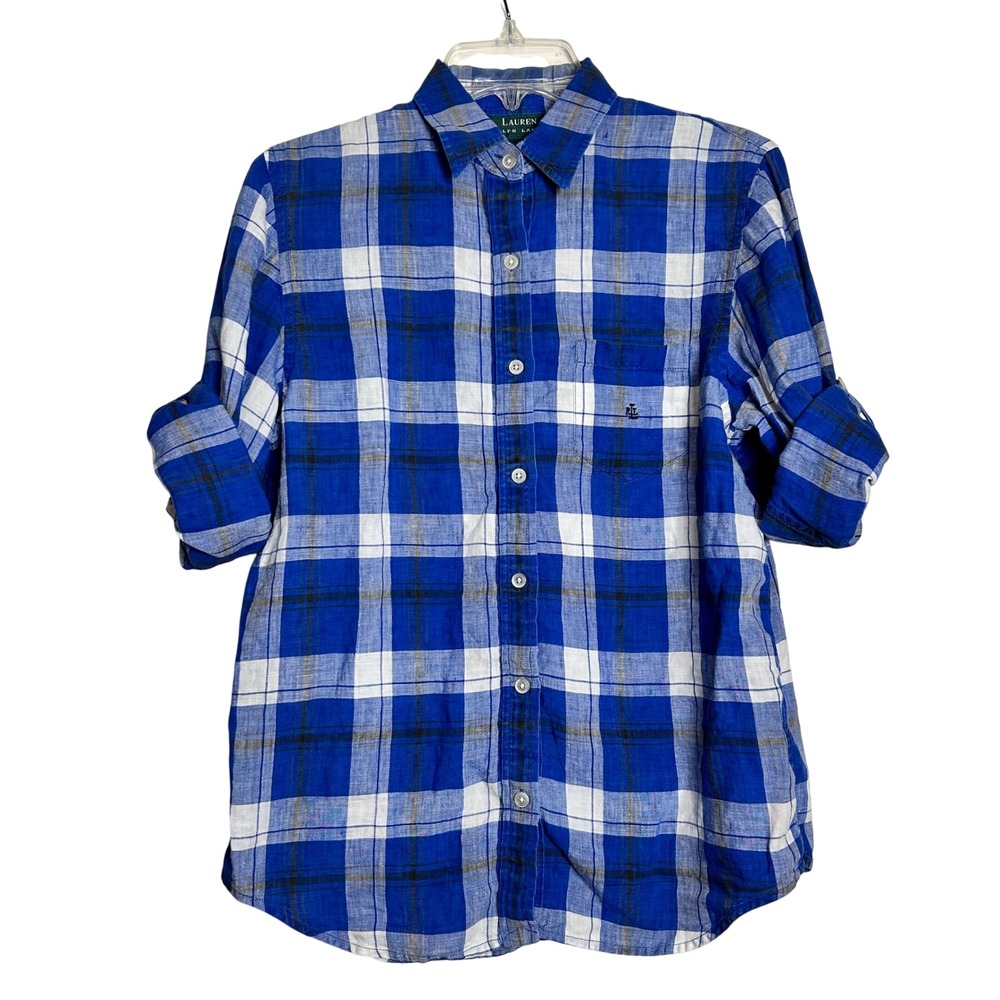 Lauren Ralph Lauren Women Blue‎ Plaid Linen Button Down Shirt M